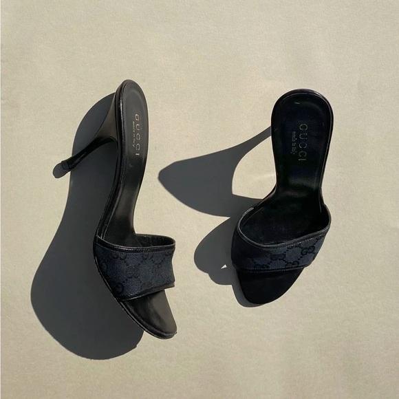Gucci Kitten Black GG Monogram Heeled Slip On Mules size 36 5.5 - Picture 1 of 7